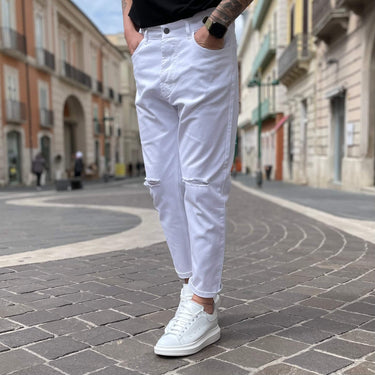 Jeans bianco strappo al ginocchio - FLAG STORE
